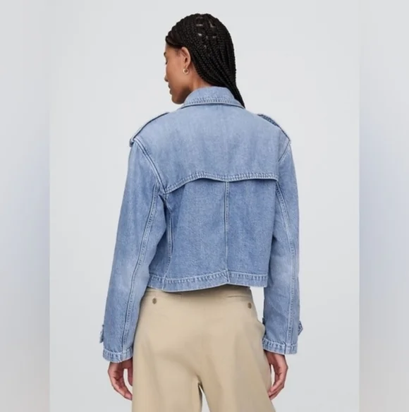 UltraSoft Denim Crop Trench Jacket Light Wash XSP - Picture 4 of 6